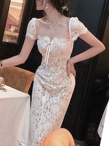 蕾丝连衣裙女春白色方领高级感法式小礼服轻纱伴娘订婚生日小礼裙