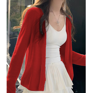 红色冰丝防晒针织开衫女夏天轻薄款小披肩外搭配吊带薄纱外套上衣