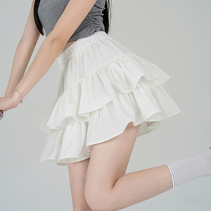 白色荷叶边蓬蓬蛋糕裙女夏季新款芭蕾风短裙高腰小个子a字半身裙