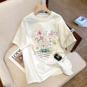 橘喵家白色趣味印花短袖T恤女2024年夏季新款宽大码显瘦半袖上衣