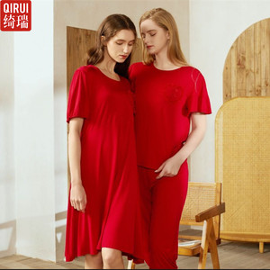 衫福睡衣女春夏款全棉喜庆大红纯色针织棉休闲家居服圆领套装