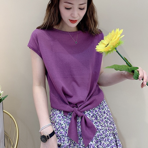 冰丝短袖针织t恤女2021夏薄款圆领下摆打结宽松设计小众百搭上衣