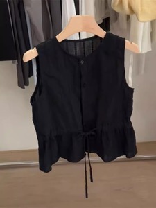 韩国东大门黑色亚麻收腰系带无袖背心女夏季超好看设计感马甲上衣