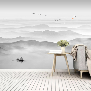 新中式电视背景墙壁纸意境山水画墙纸抽象黑白水墨壁画客厅墙布3d