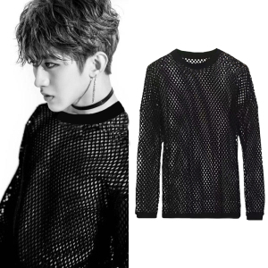 大网眼t恤蔡徐坤同款衣服长袖网格圆领网纱罩衫 透视渔网镂空上衣