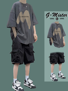 韩国GIOI夏季短袖T恤休闲套装男生工装短裤ins潮牌穿搭两件套男装