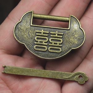 中式仿古挂锁 锌合金喜字元宝锁 箱子首饰盒通开小锁复古装饰锁头