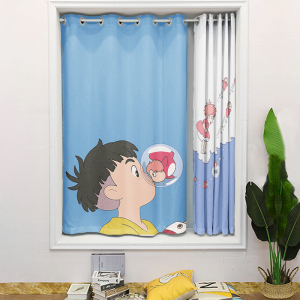 半遮光丝绒麻成品短帘宫崎骏卡通金鱼动漫书房儿童房间阳台飘窗帘