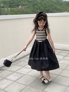 韩国版2024夏季新款女童洋气条纹拼接大摆背心裙儿童时髦连衣裙潮