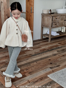 韩国童装冬季新款女童洋气名媛风毛毛时髦棉衣外套加绒喇叭牛仔裤