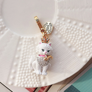 可爱动物小饰物 白色小猫咪镶水钻项链吊坠/迷你包扣/钥匙扣挂件