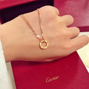 cartier/卡地亚 圆饼双链项链 18k玫瑰金love经典吊坠锁骨链女