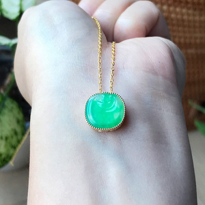 缅甸天然老坑a货翡翠如意头冰种阳绿甜绿18k黄金镶嵌玉石迷你吊坠