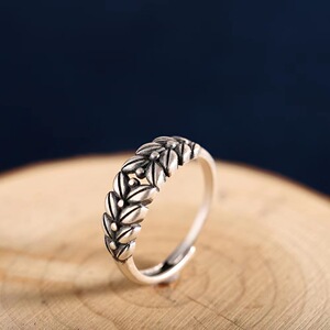 原创设计复古做旧s925纯银手工雕刻镂空麦穗活口女戒指环丰收喜悦