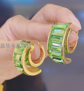 新款绿色水晶螺旋耳环女欧美夸张C圈耳环复古大圆环圈镀金时髦耳