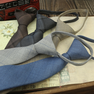 领带男韩版休闲拉链7CM英伦格纹灰蓝色商务正装职业百搭易拉得