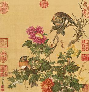 郎世宁花鸟册菊花图花鸟国画斗方画芯仿古书画书房卧室客厅装饰画