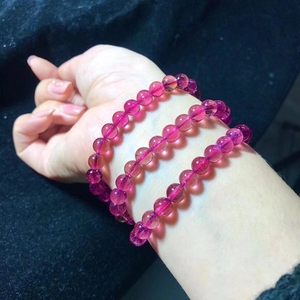 天然巴西水晶卢比来全玫红碧玺佛珠手链全净玻璃体原创设计艳手串