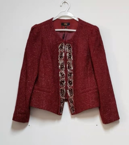 6折全新丽莱枣红色重工钉珠羊毛呢小香风短外套女春秋xl码