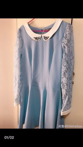 法式蕾丝镂空连衣裙淡蓝色，百搭，单穿或搭风衣或羊绒大衣很洋气