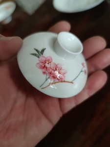 7501毛瓷,水点桃花图案,景德镇粉彩,90年代老物件,盖碗