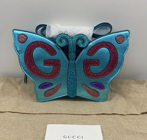 99新未使用 gucci古驰 亮蓝色儿童蝴蝶造型斜挎单肩包 女包 正品