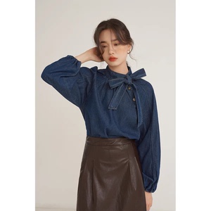 邦德家的女孩衬衫～2023秋新款季韩版设计感复古气质系带牛仔