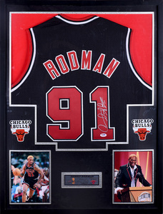 nba球星罗德曼亲笔签名公牛队91号球衣黑色(鉴定保真附证书)