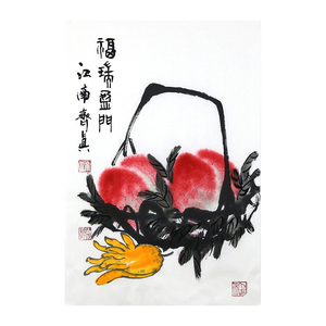 齐真《福瑞盈门》写意手绘寿桃中堂竖幅贺寿花鸟国画原稿真迹拍卖