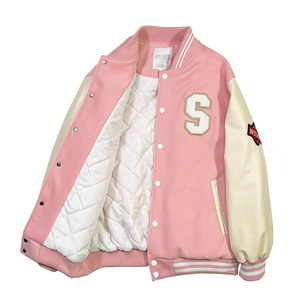 正品mlbny粉色棒球服男女情侣款秋冬学生宽松刺绣加厚拼接外