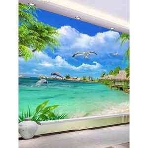3D蓝天白云电视背景集成墙板客厅沙发海景沙滩自然竹木纤维护墙板