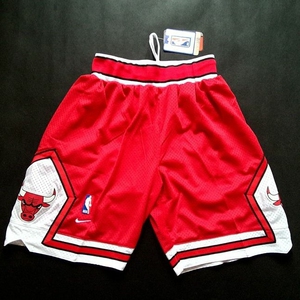 nba公牛队球裤网眼红色美式复古新款球裤 cu刺绣球迷版五分