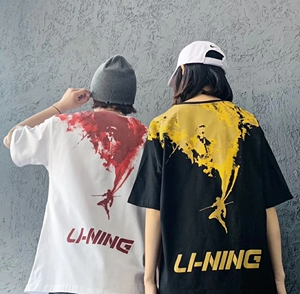 国潮李宁齐天大圣水墨印染短袖t恤中国ln男女情侣 宽松 同款