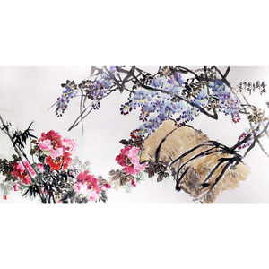 刘国卿八尺精品《春满园》李苦禅中美协紫藤牡丹国画客厅