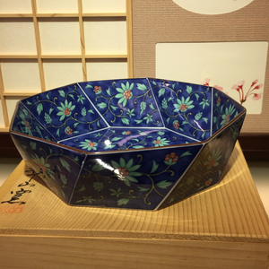 日本回流 幸山窑手绘盛钵 色绘唐草纹八角钵 果子钵.全新全品