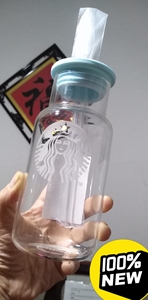 韩国星巴克2020淡蓝色海洋风吸管杯创意奶瓶造型玻璃杯带盖杯