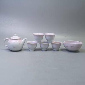 日本回流 京烧名家 荣山 桃粉釉精美茶具套组 宝瓶 急须 公