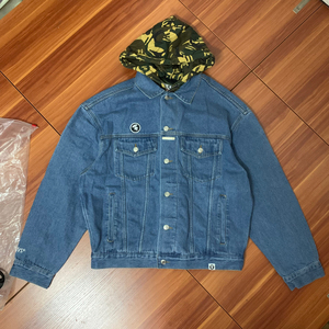 aape 猿颜徽章字母刺绣迷彩连帽拼接蓝色男款牛仔夹克外套