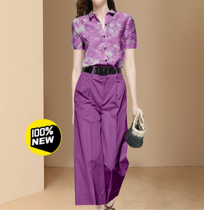 魅斑高端轻奢夏季2022新款时尚休闲紫色套装女印花衬衫阔腿裤