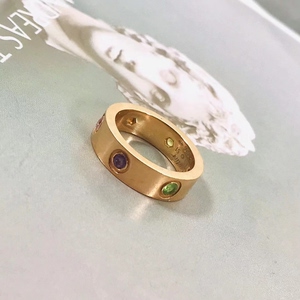 cartier卡地亚love系列宽版玫瑰金6彩宝戒指,51