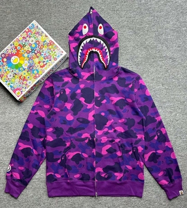 bape 正品bape迷彩鲨鱼印花拉链连帽卫衣外套 紫色