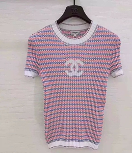 chanel香奈儿早春拼色logo短袖条纹淡粉色针织衫女上衣