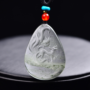 纯天然绿幽灵九尾狐吊坠,精致雕刻!尺寸38*28*12mm