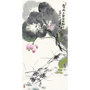 田寒《碧荷丛中任天趣》写意手绘荷花水墨虾中堂国画真迹原稿拍卖