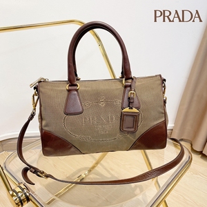 prada 卡其色 帆布拼牛皮 手提 枕头包 93新 34*