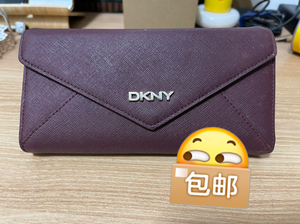 正品DKNY十字皮大容量长款钱包棕红色