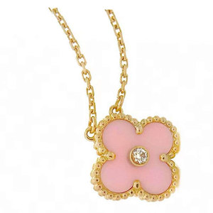 9新]梵克雅宝vca四叶草粉色贝母玫瑰金项链女士锁骨链中号