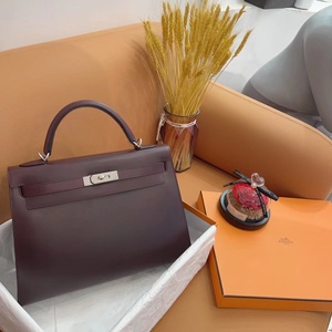 活动价正品[9.8新]hermes/爱马仕kelly32凯莉酒红色银扣女包box皮