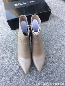 paolo conte灰色40码头层牛皮加绒尖头细高跟女短靴