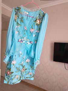 珍思薇尼刺绣连衣裙m码，颜色水蓝色特别仙的颜色，全身刺绣超级